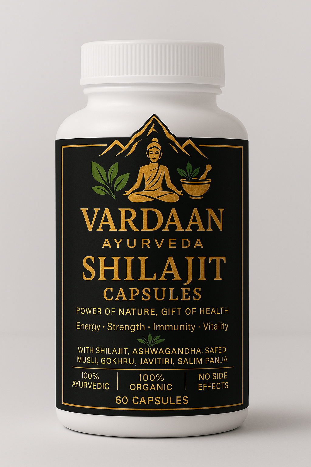 Vardaan Ayurveda Shilajit Capsules bottle on a light gray background