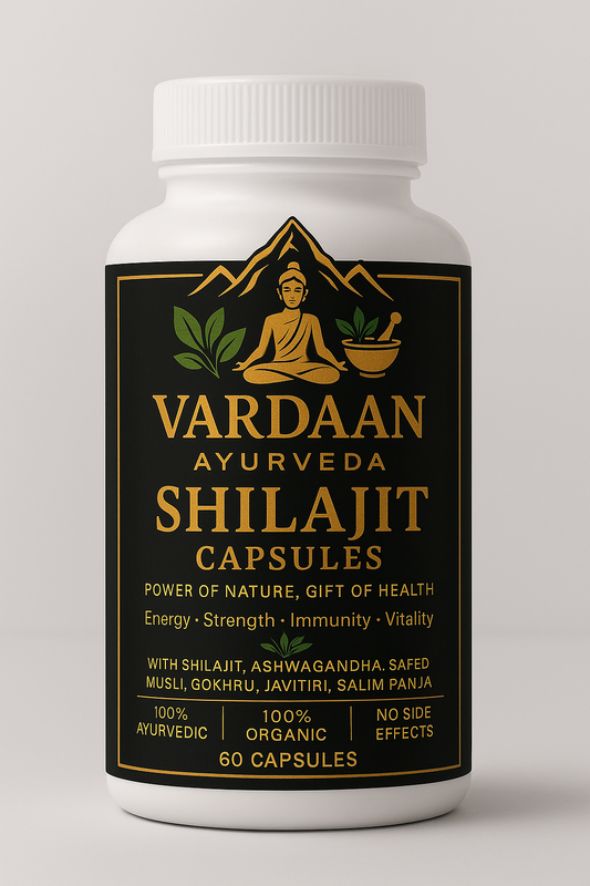 Vardaan Ayurveda Shilajit Capsules bottle on a light gray background